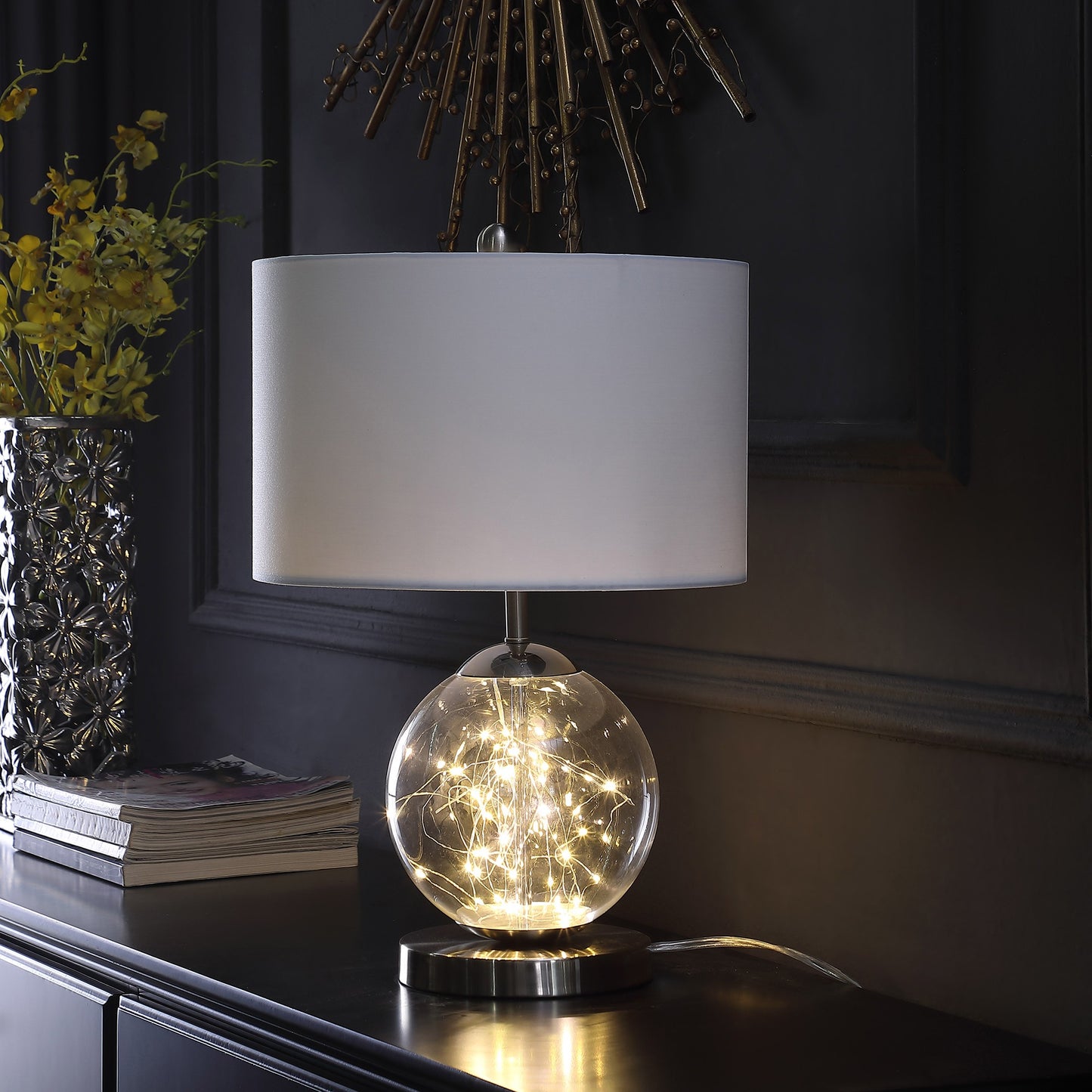 21" Translucent Glass Globe LED Table Lamp With White Drum Shade