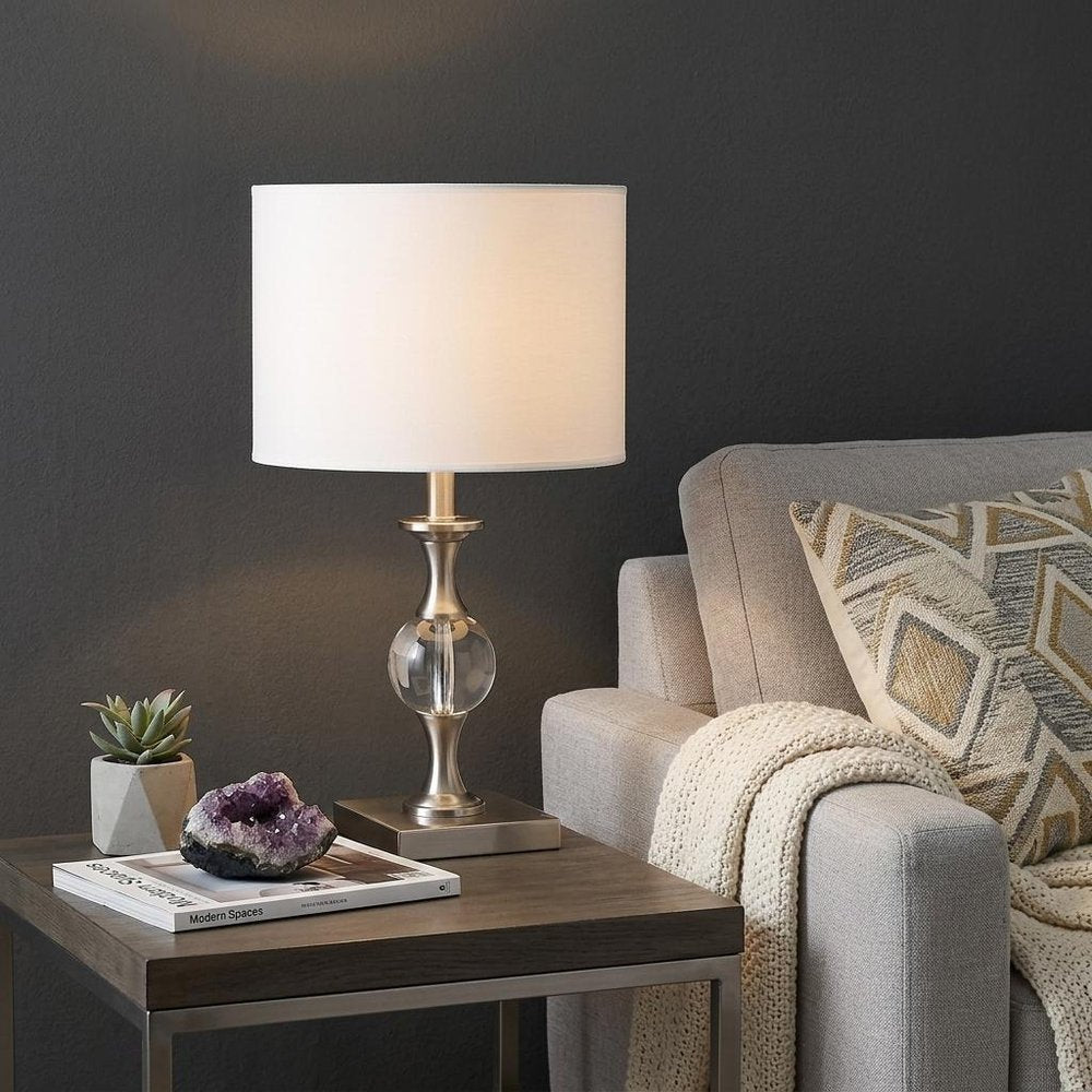 20" Silver Bedside Table Lamp With White Drum Shade HomeRoots