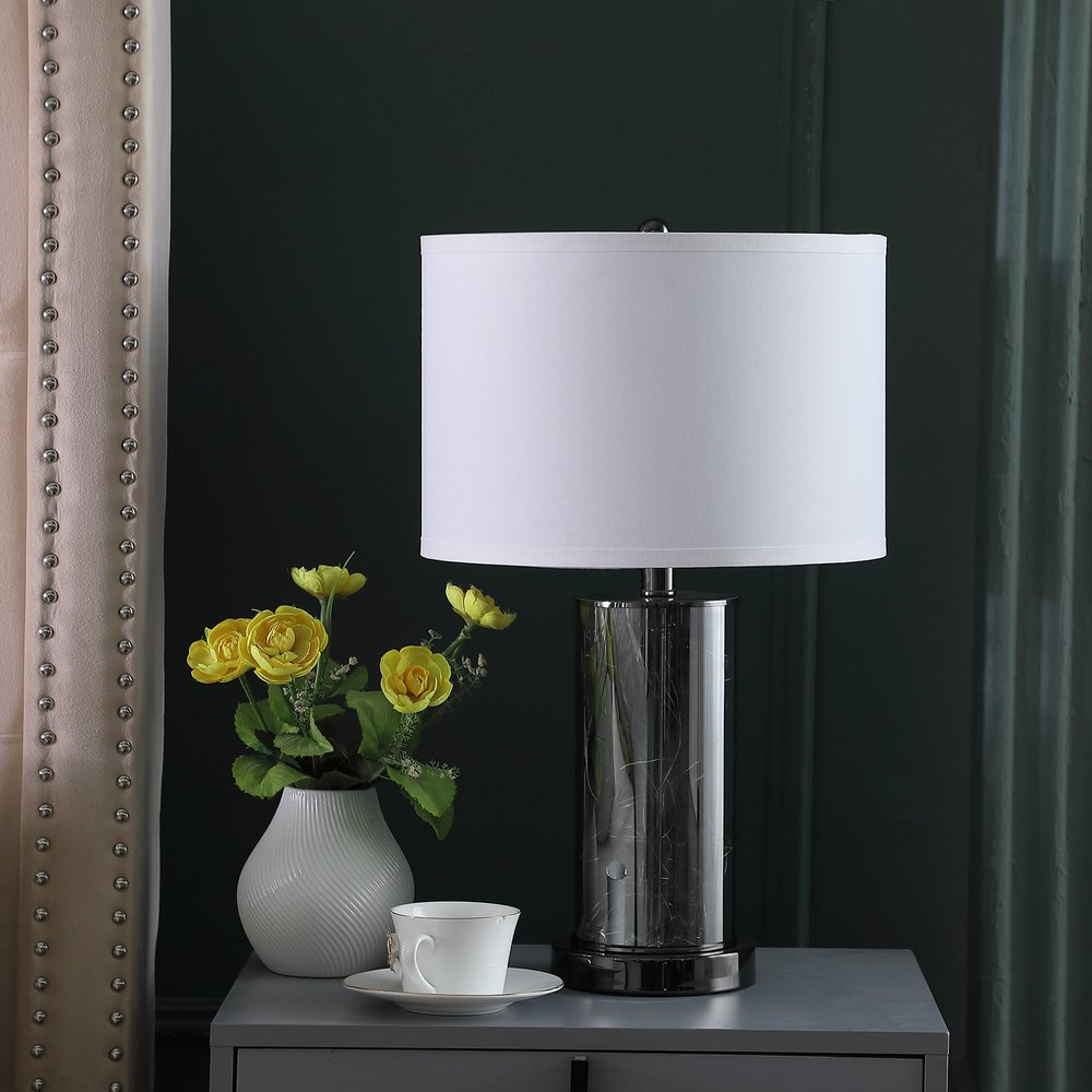 21" Glass LED Cylinder Table Lamp with Nightlight and White Drum Shade HomeRoots