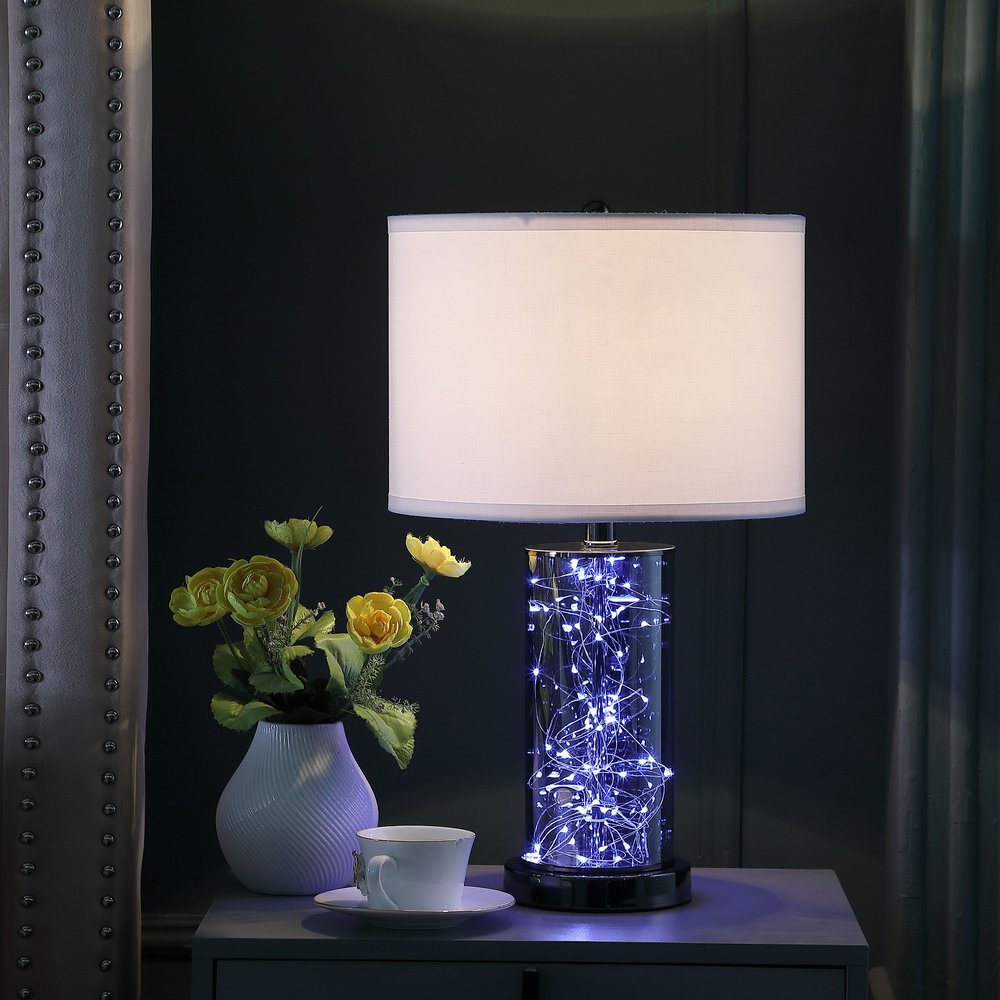 21" Glass LED Cylinder Table Lamp with Nightlight and White Drum Shade HomeRoots