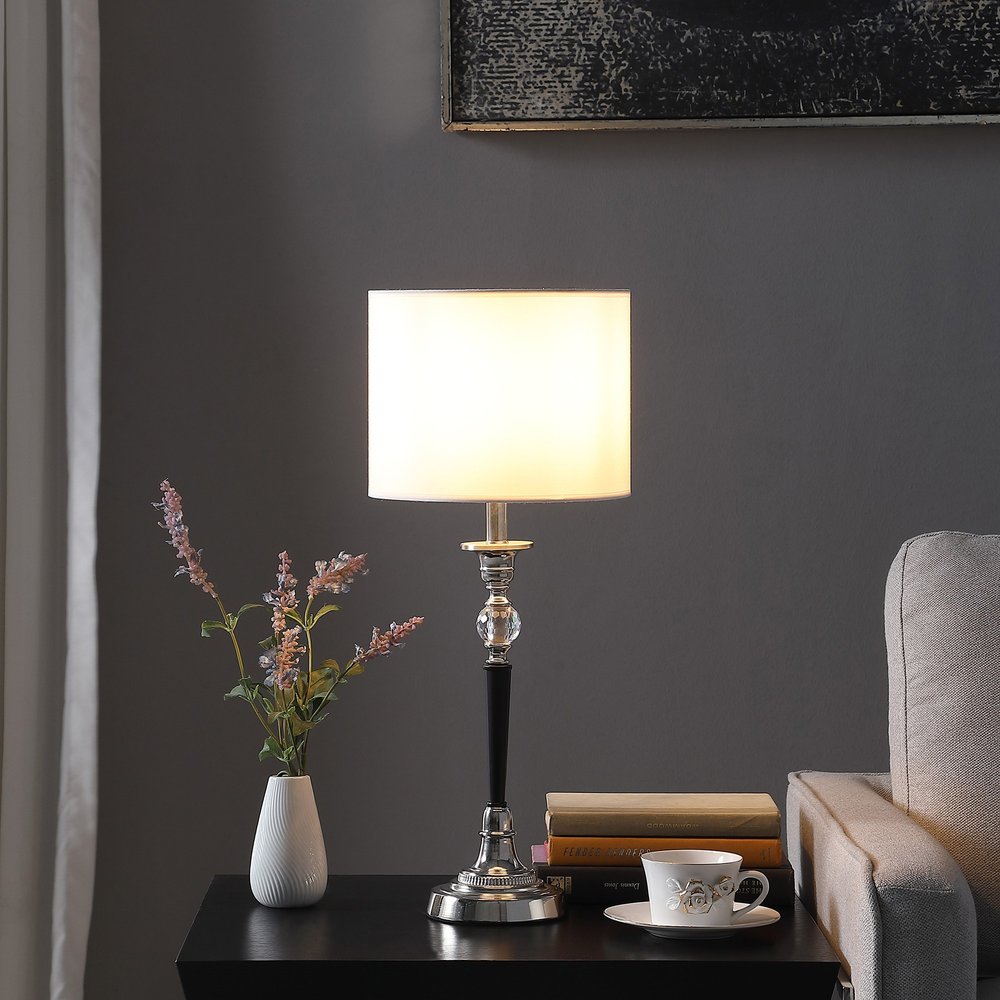 23" Black Chrome and Crystal Table Lamp With White Drum Shade HomeRoots