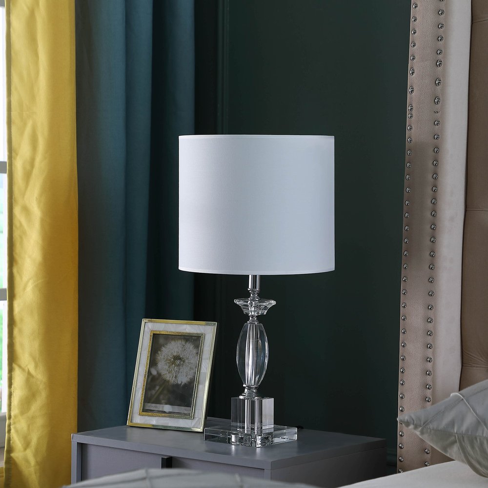 23" Silver Crystal Standard Table Lamp With White Classic Drum Shade Table Lamp HomeRoots