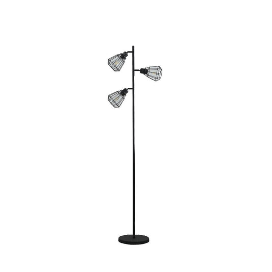 66" Black Metal Three Light Tree Floor Lamp With Black Metal Cage Shade HomeRoots