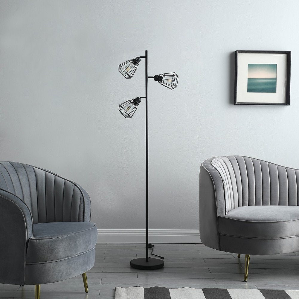 66" Black Metal Three Light Tree Floor Lamp With Black Metal Cage Shade HomeRoots