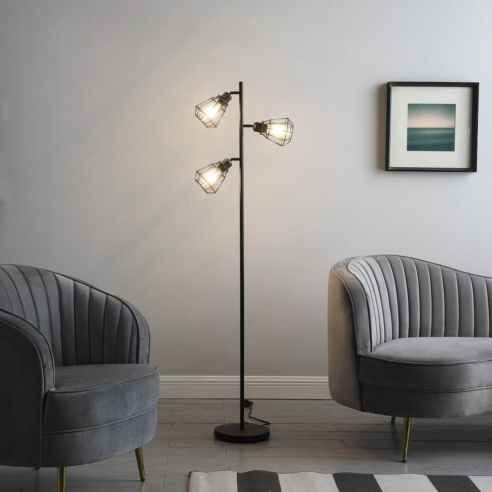 66" Black Metal Three Light Tree Floor Lamp With Black Metal Cage Shade — view 4