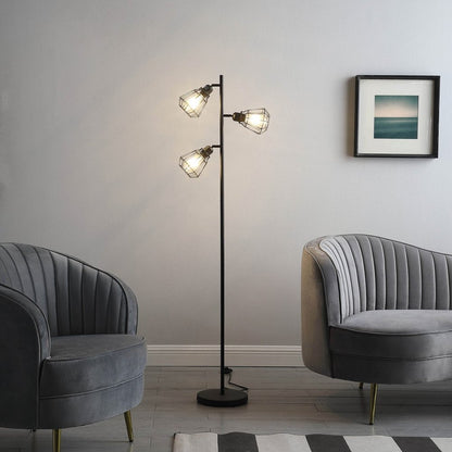 66" Black Metal Three Light Tree Floor Lamp With Black Metal Cage Shade HomeRoots