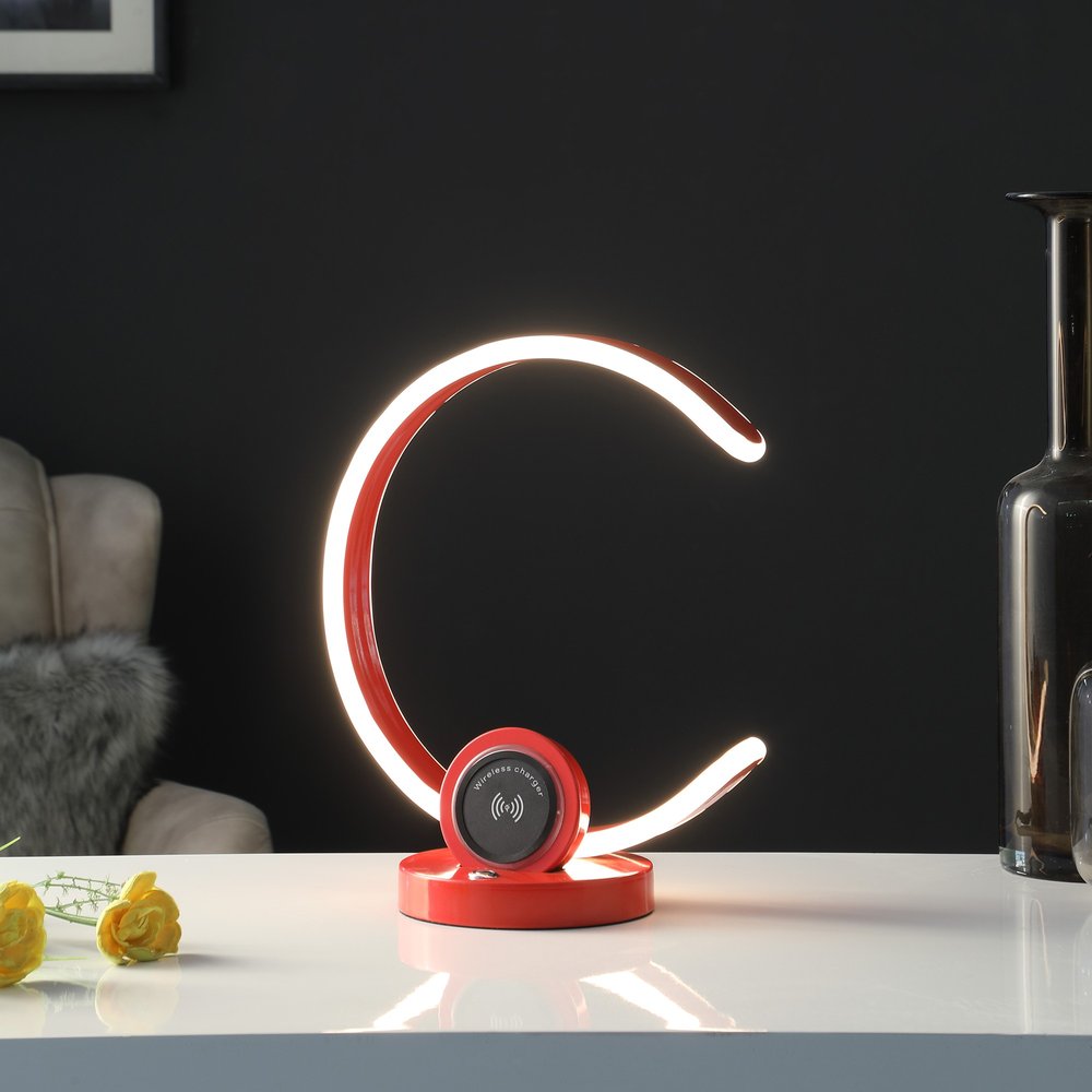 13" Red Contempo C Shape LED  with USB Desk or Table Lamp HomeRoots