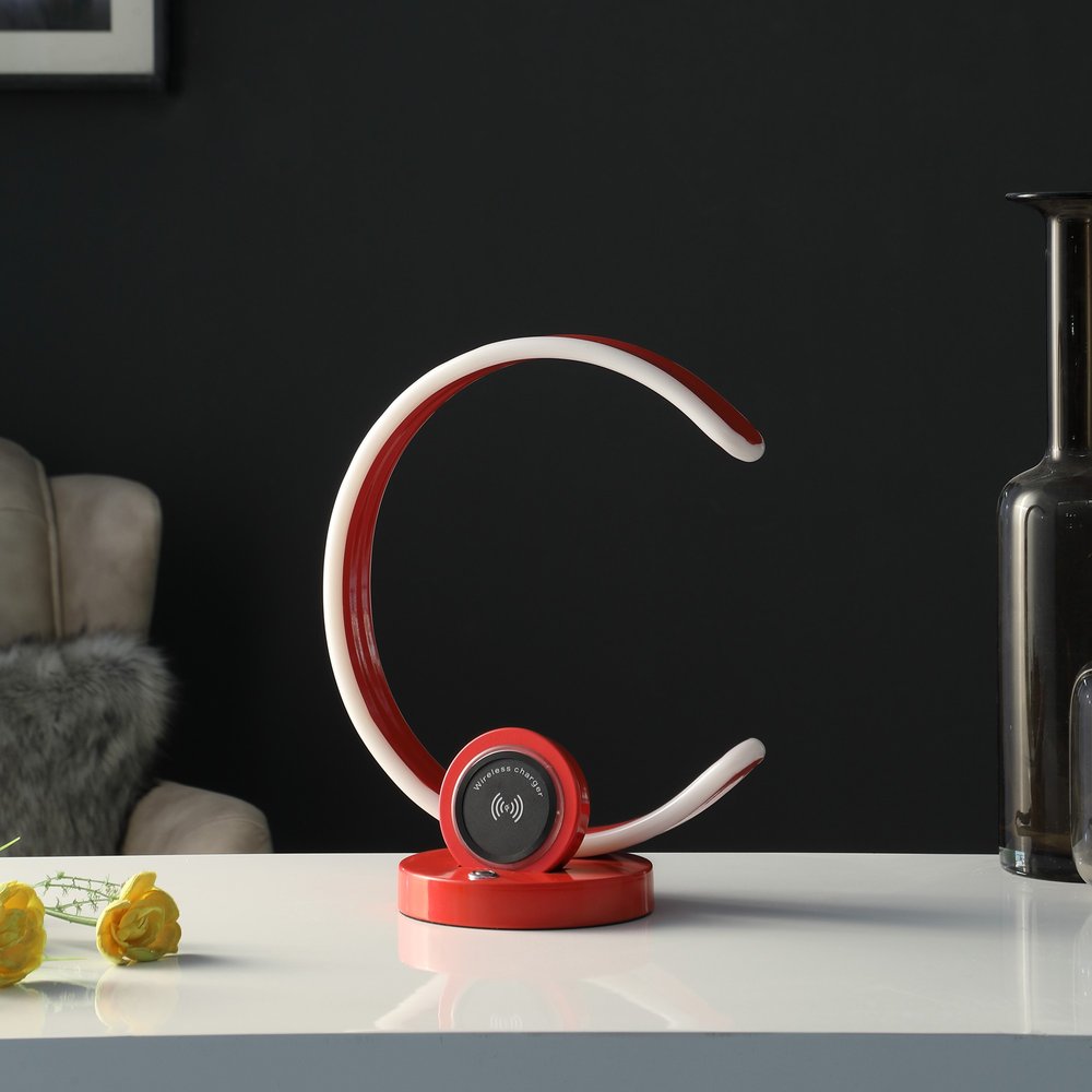13" Red Contempo C Shape LED  with USB Desk or Table Lamp HomeRoots