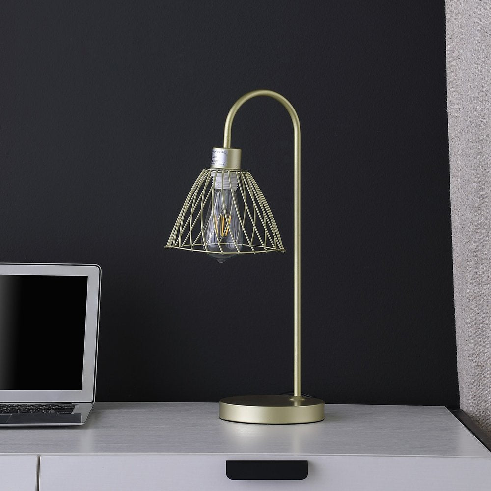 21" Gold Bedside Table Lamp With Gold Cage Shade HomeRoots