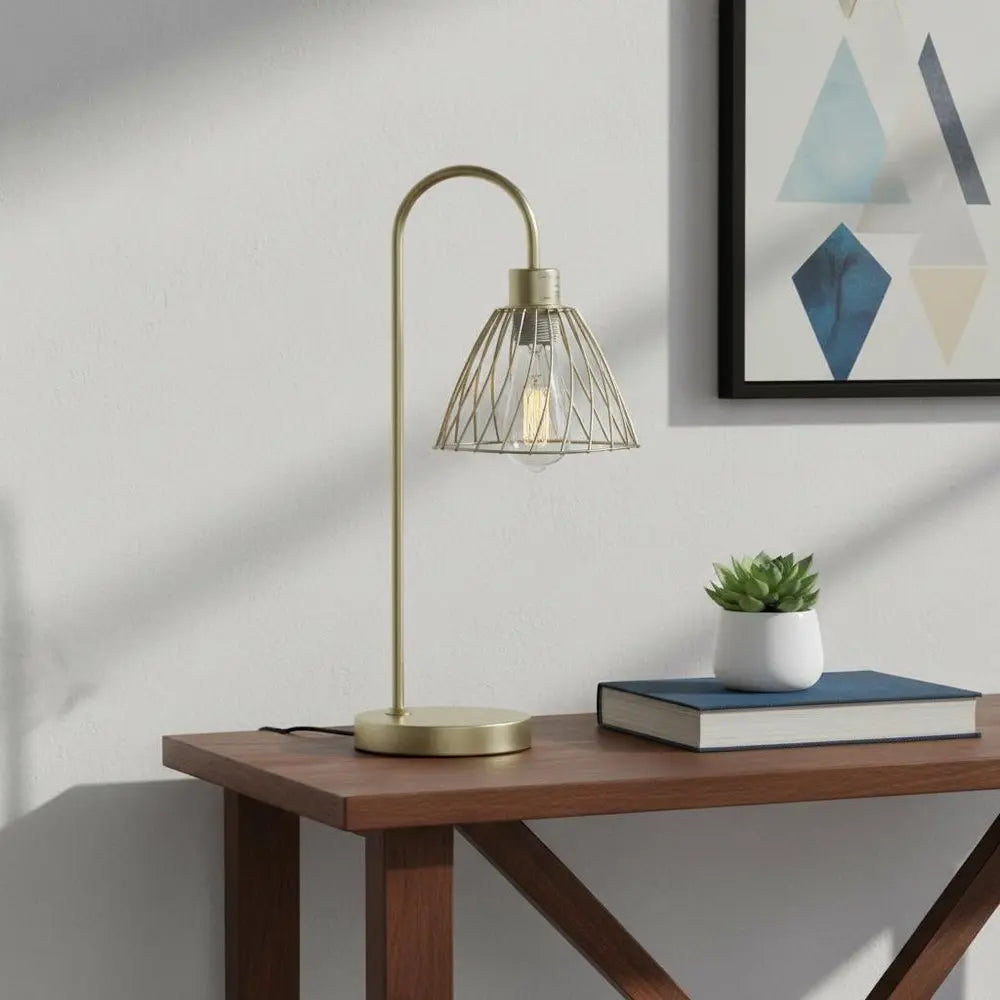 21" Gold Bedside Table Lamp With Gold Cage Shade HomeRoots