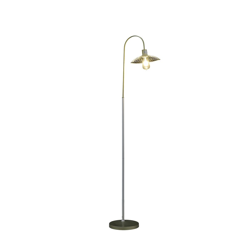 64" Gold And White Arched Floor Lamp With Gold Metal Cage Shade — view 2