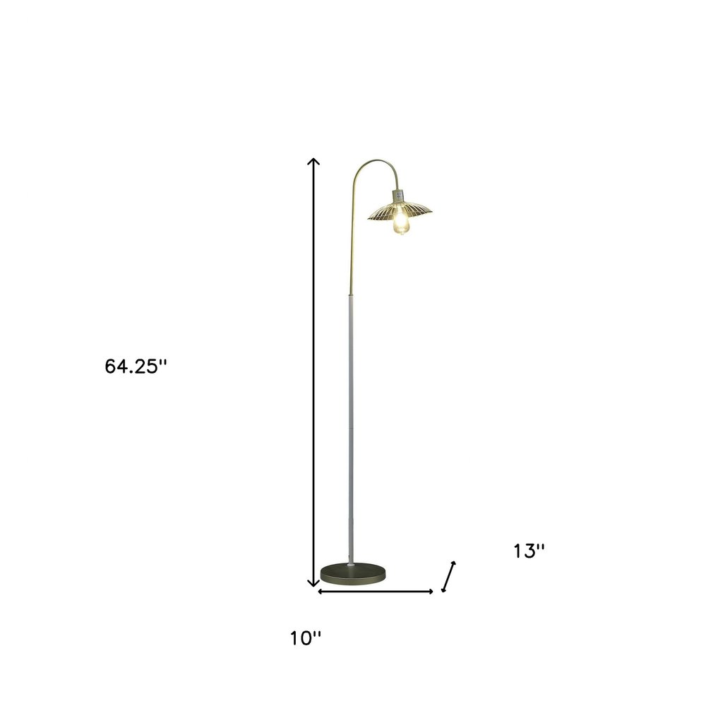 64" Gold And White Arched Floor Lamp With Gold Metal Cage Shade — view 3