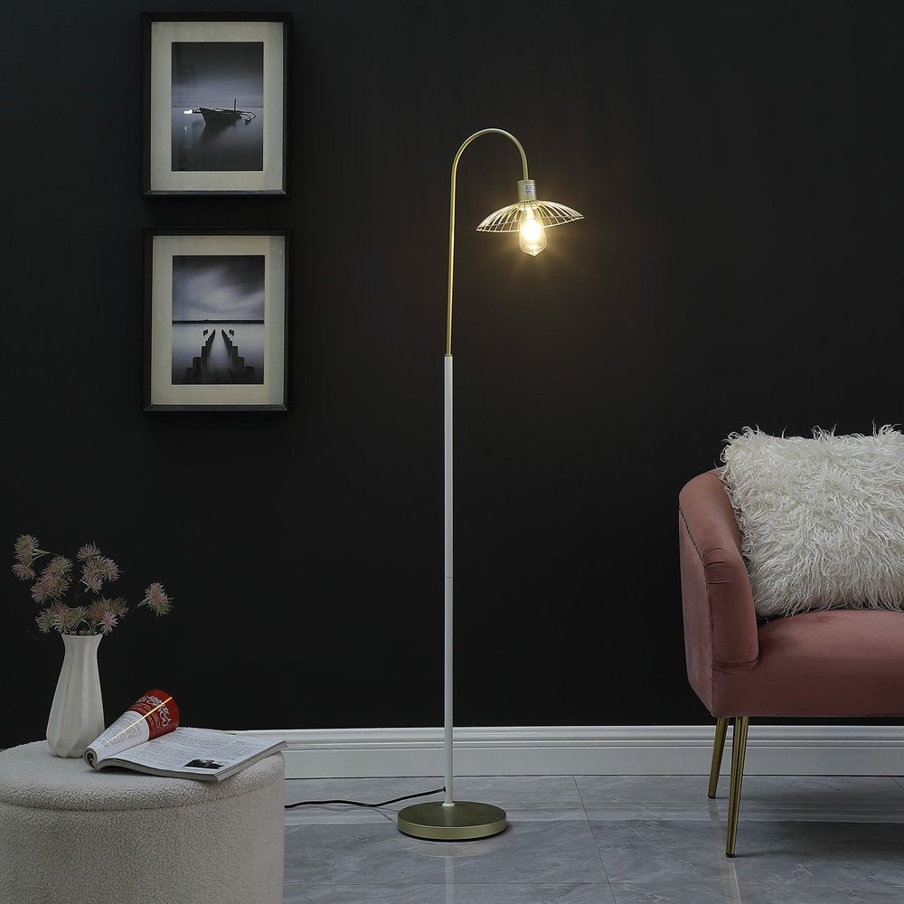 64" Gold And White Arched Floor Lamp With Gold Metal Cage Shade HomeRoots