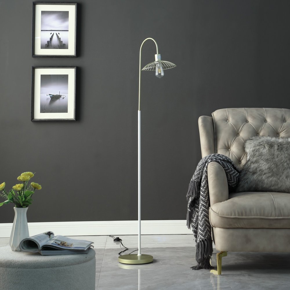 64" Gold And White Arched Floor Lamp With Gold Metal Cage Shade HomeRoots