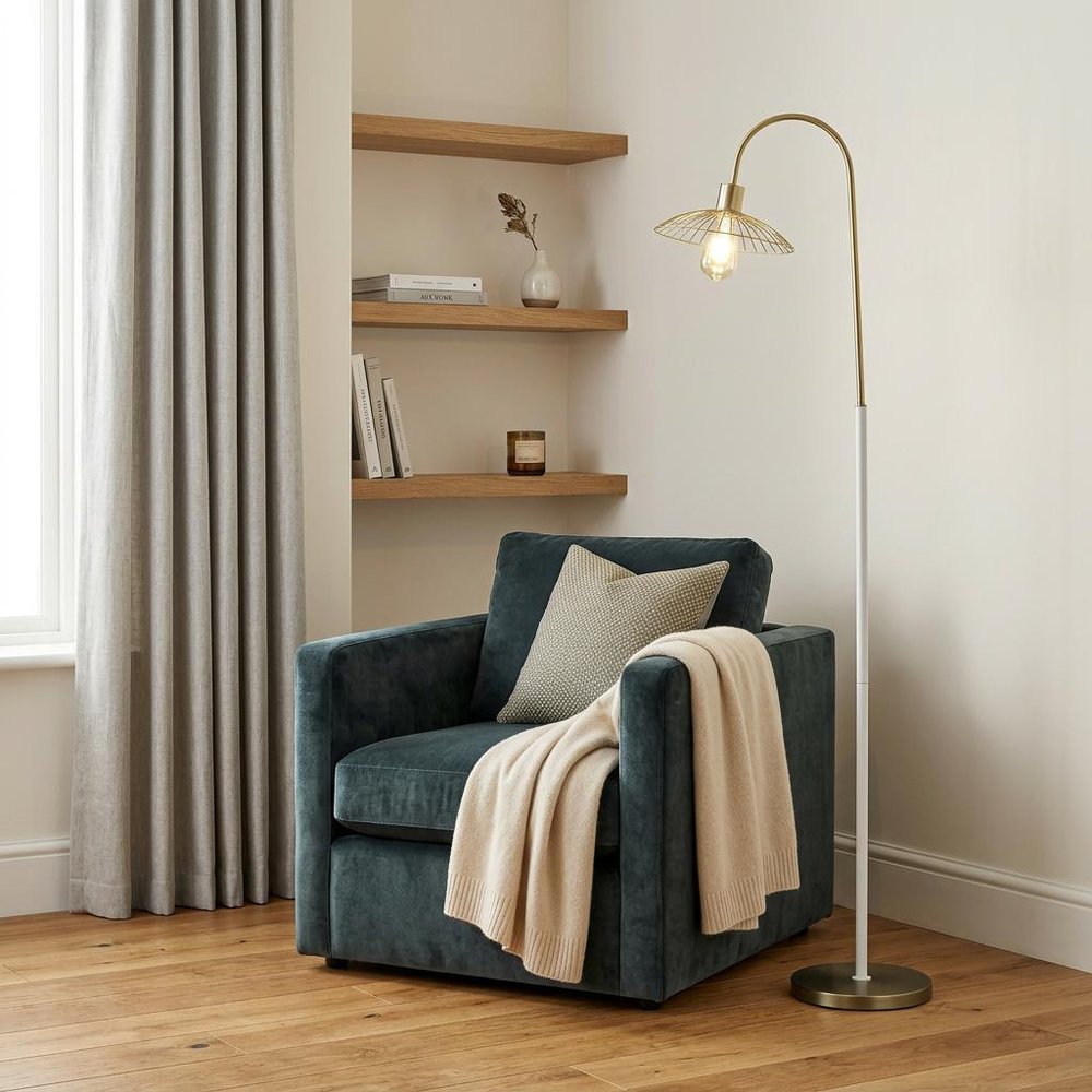 64" Gold And White Arched Floor Lamp With Gold Metal Cage Shade — view 4