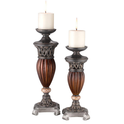 Set Of Two Bronze and Brown Tabletop Pillar Candle Holders