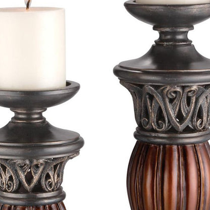 Set Of Two Bronze and Brown Tabletop Pillar Candle Holders