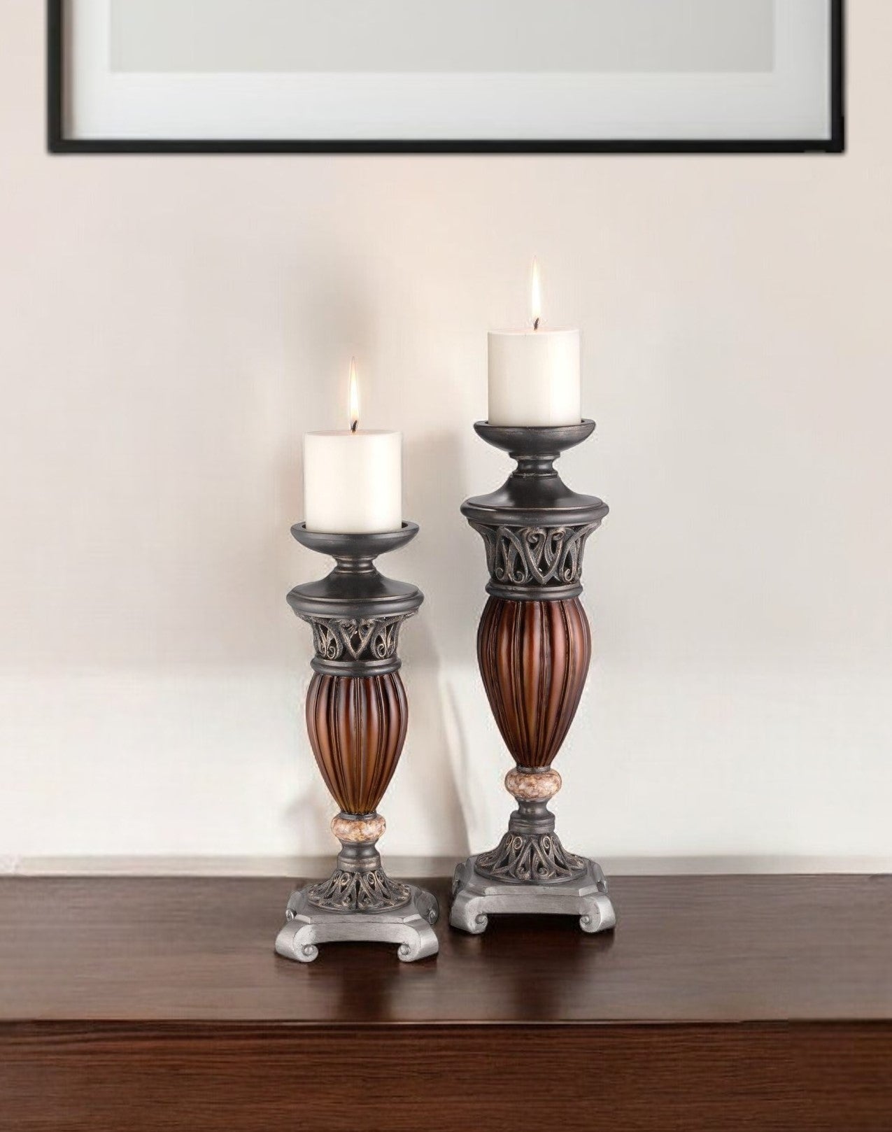 Set Of Two Bronze and Brown Tabletop Pillar Candle Holders