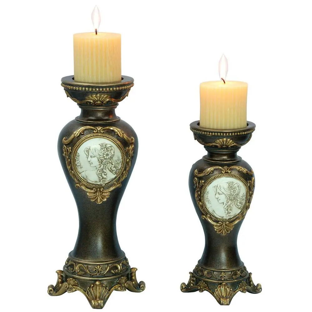 Set Of Two Bronze Greek Cameo Pillar Candle Holders HomeRoots