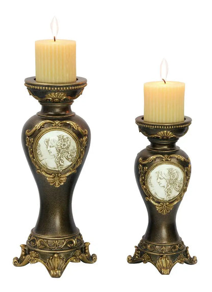 Set Of Two Bronze Greek Cameo Pillar Candle Holders HomeRoots