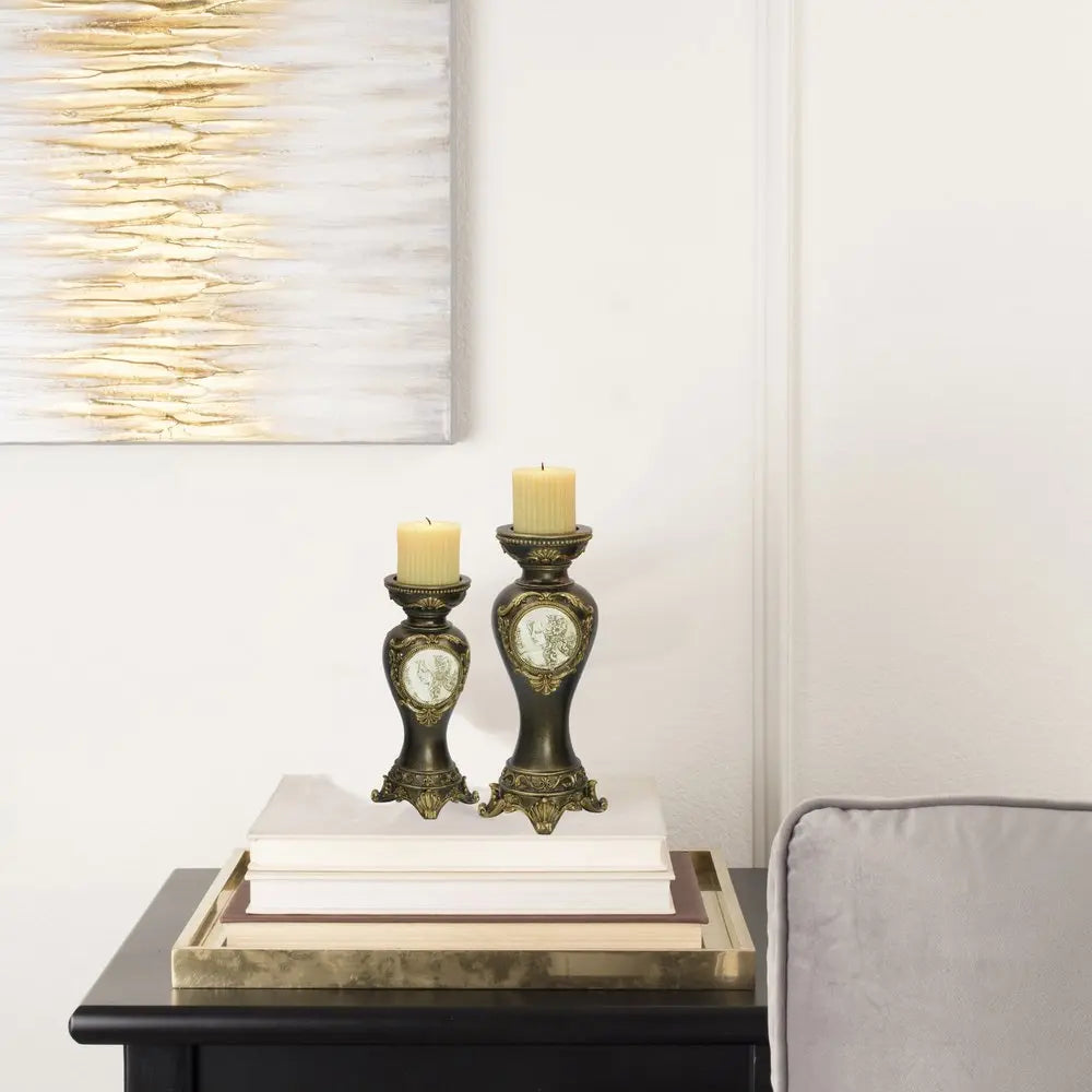 Set Of Two Bronze Greek Cameo Pillar Candle Holders HomeRoots