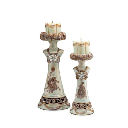 Set of 2 Beige And Brown Vintage Pillar Tabletop Candle Holders