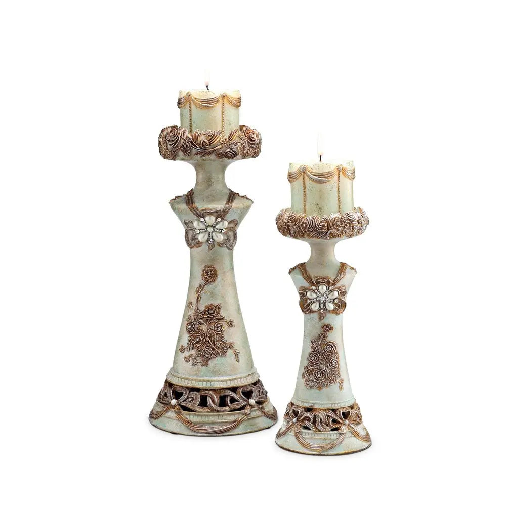 Set of 2 Beige And Brown Vintage Pillar Tabletop Candle Holders HomeRoots