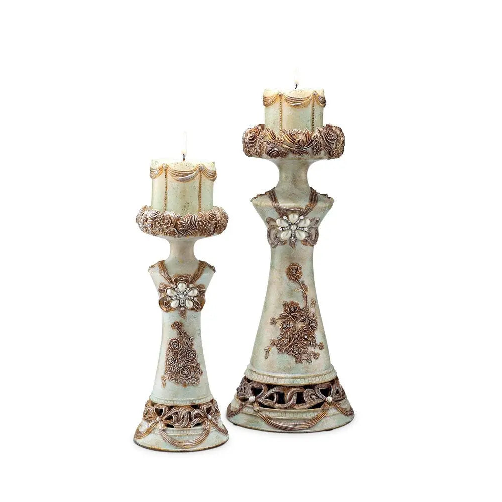 Set of 2 Beige And Brown Vintage Pillar Tabletop Candle Holders HomeRoots