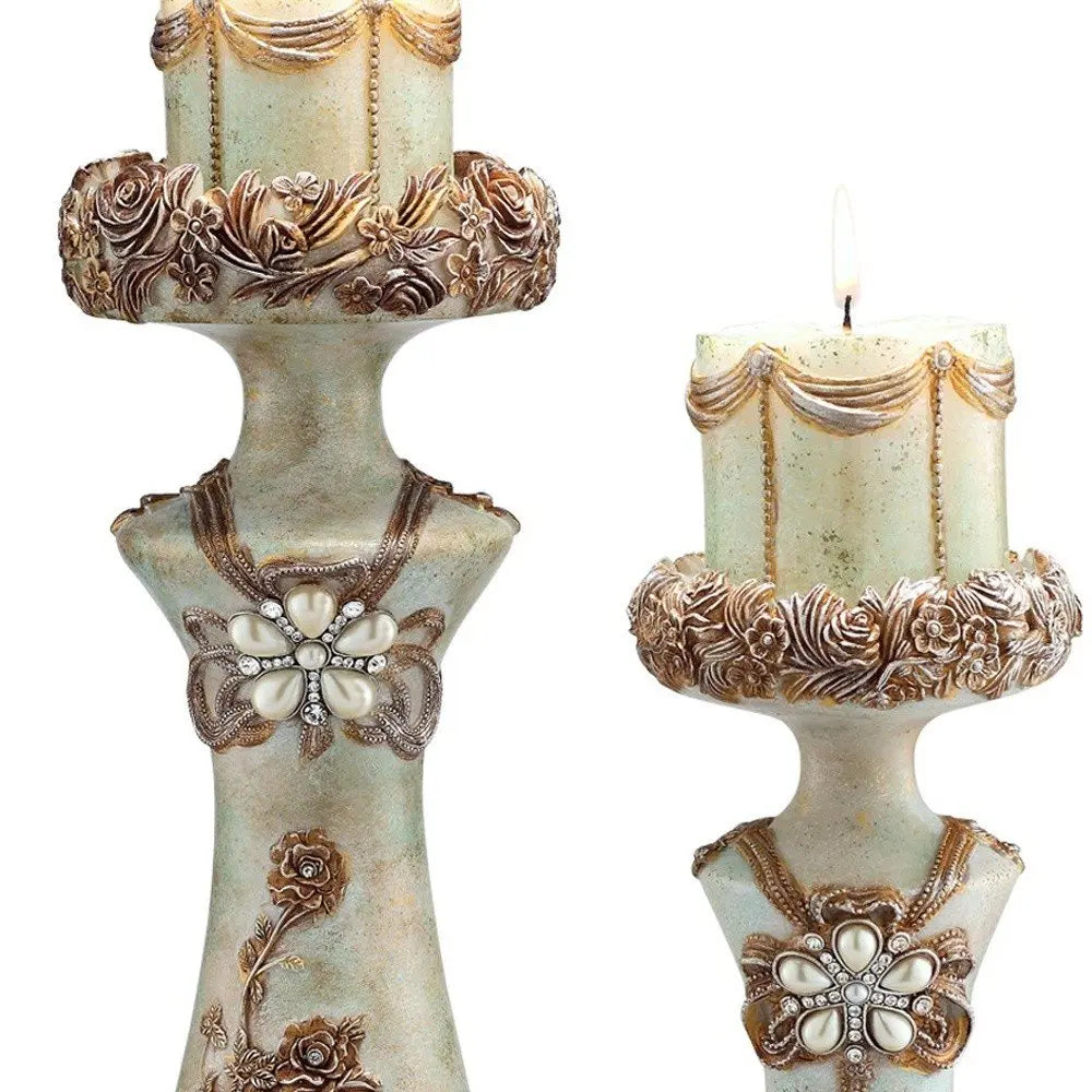 Set of 2 Beige And Brown Vintage Pillar Tabletop Candle Holders HomeRoots