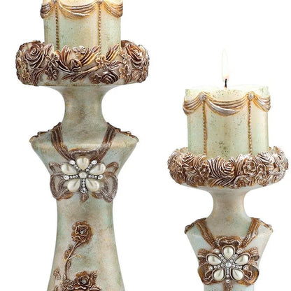 Set of 2 Beige And Brown Vintage Pillar Tabletop Candle Holders HomeRoots