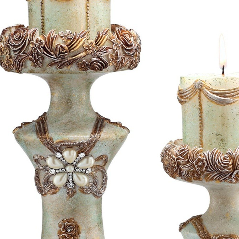 Set of 2 Beige And Brown Vintage Pillar Tabletop Candle Holders HomeRoots