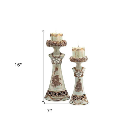 Set of 2 Beige And Brown Vintage Pillar Tabletop Candle Holders HomeRoots
