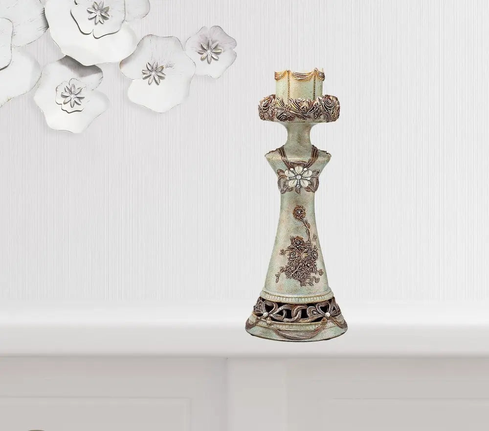 Set of 2 Beige And Brown Vintage Pillar Tabletop Candle Holders HomeRoots