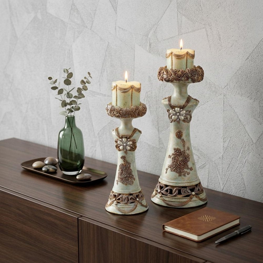 Set of 2 Beige And Brown Vintage Pillar Tabletop Candle Holders HomeRoots