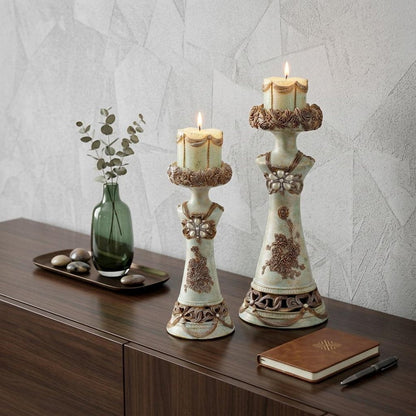 Set of 2 Beige And Brown Vintage Pillar Tabletop Candle Holders HomeRoots