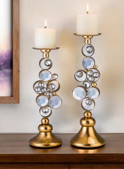 Set Of Two Gold Bling Tabletop Pillar Candle Holder