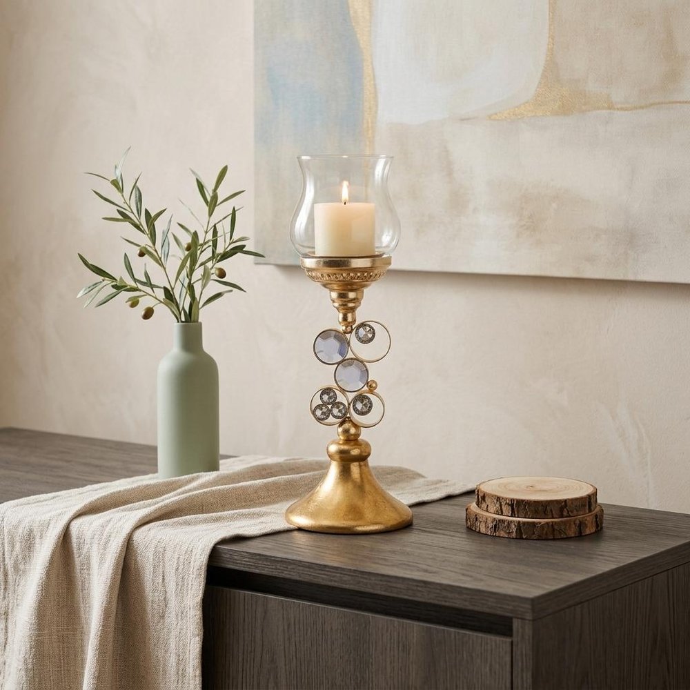 18" Gold and Faux Crystal Bling Tabletop Hurricane Candle Holder HomeRoots