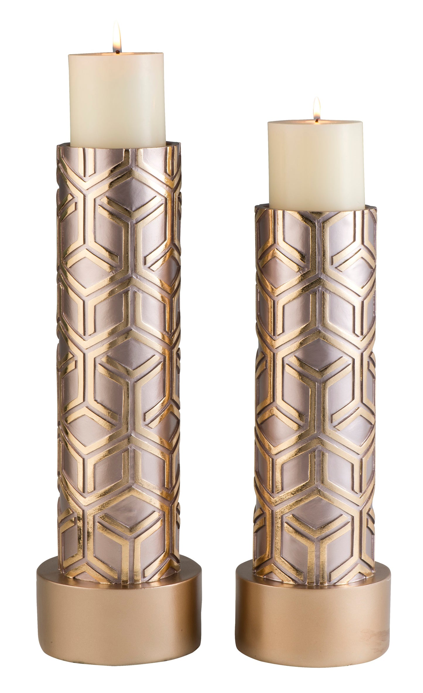 Set Of Two Gold Tabletop Pillar Candle Holders