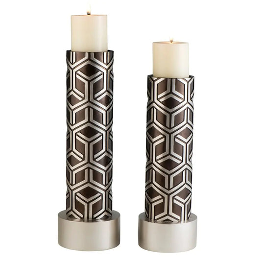 Set Of Two Espresso and Silver Pillar Tabletop Pillar Candle Holders HomeRoots