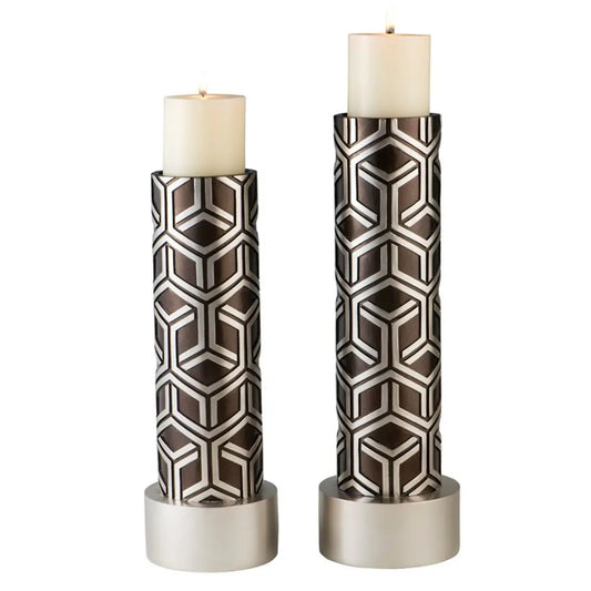 Set Of Two Espresso and Silver Pillar Tabletop Pillar Candle Holders HomeRoots