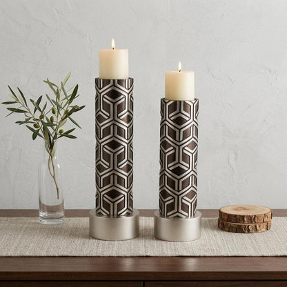 Set Of Two Espresso and Silver Pillar Tabletop Pillar Candle Holders HomeRoots