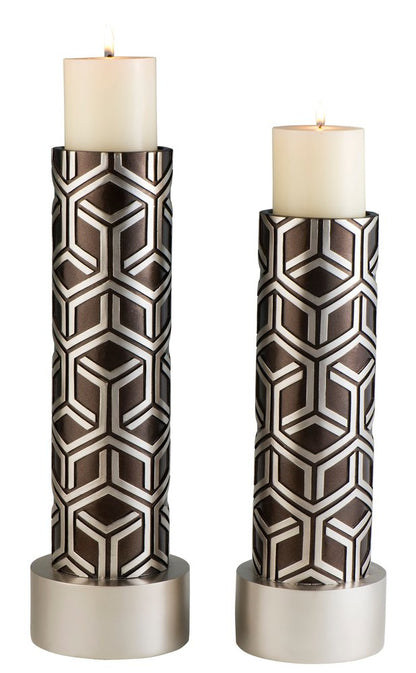 Set Of Two Espresso and Silver Pillar Tabletop Pillar Candle Holders HomeRoots