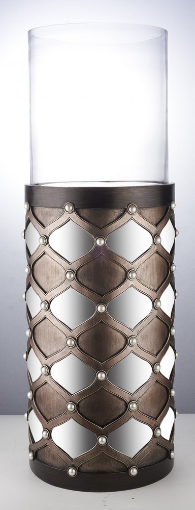 31" Bronze and Silver with Pearls Floor Hurricane Candle Holder — view 1