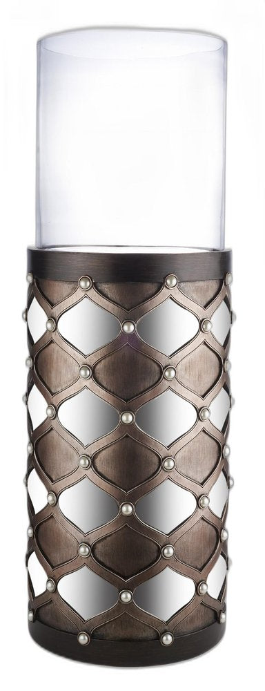 31" Bronze and Silver with Pearls Floor Hurricane Candle Holder HomeRoots