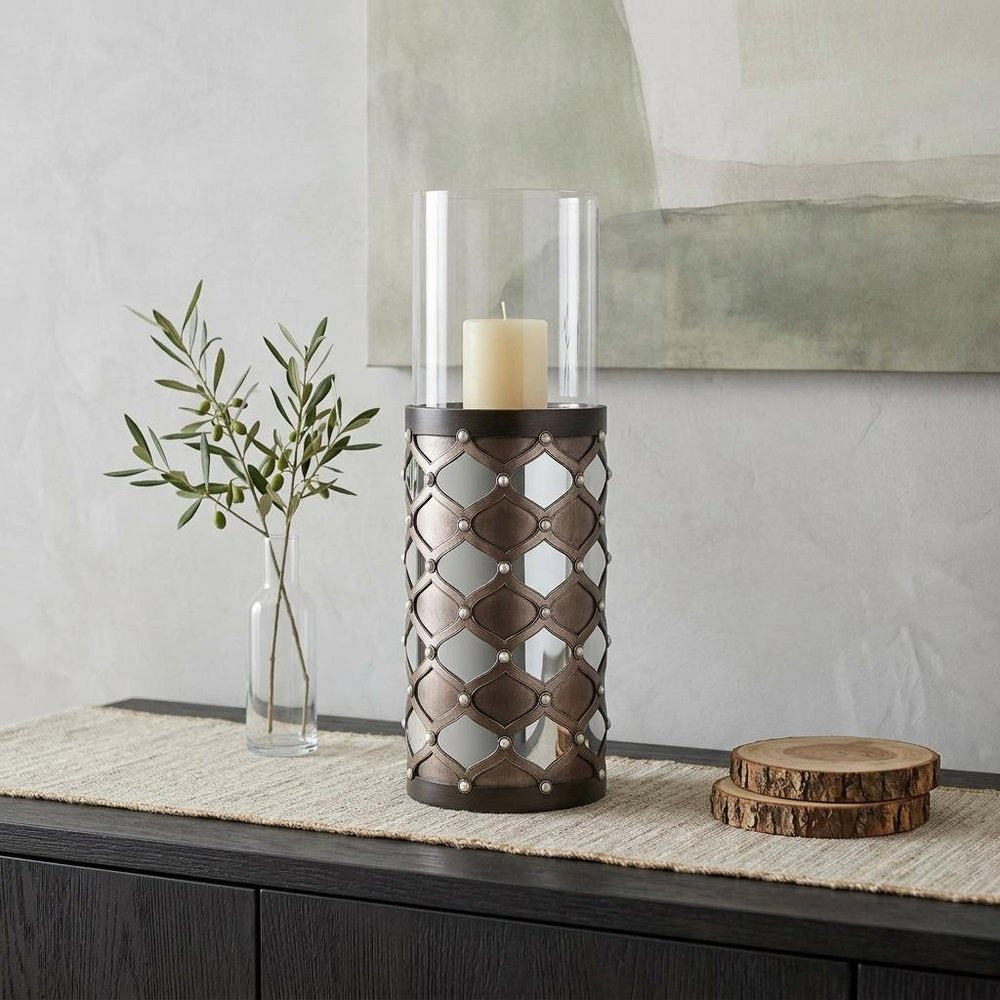 31" Bronze and Silver with Pearls Floor Hurricane Candle Holder — view 7