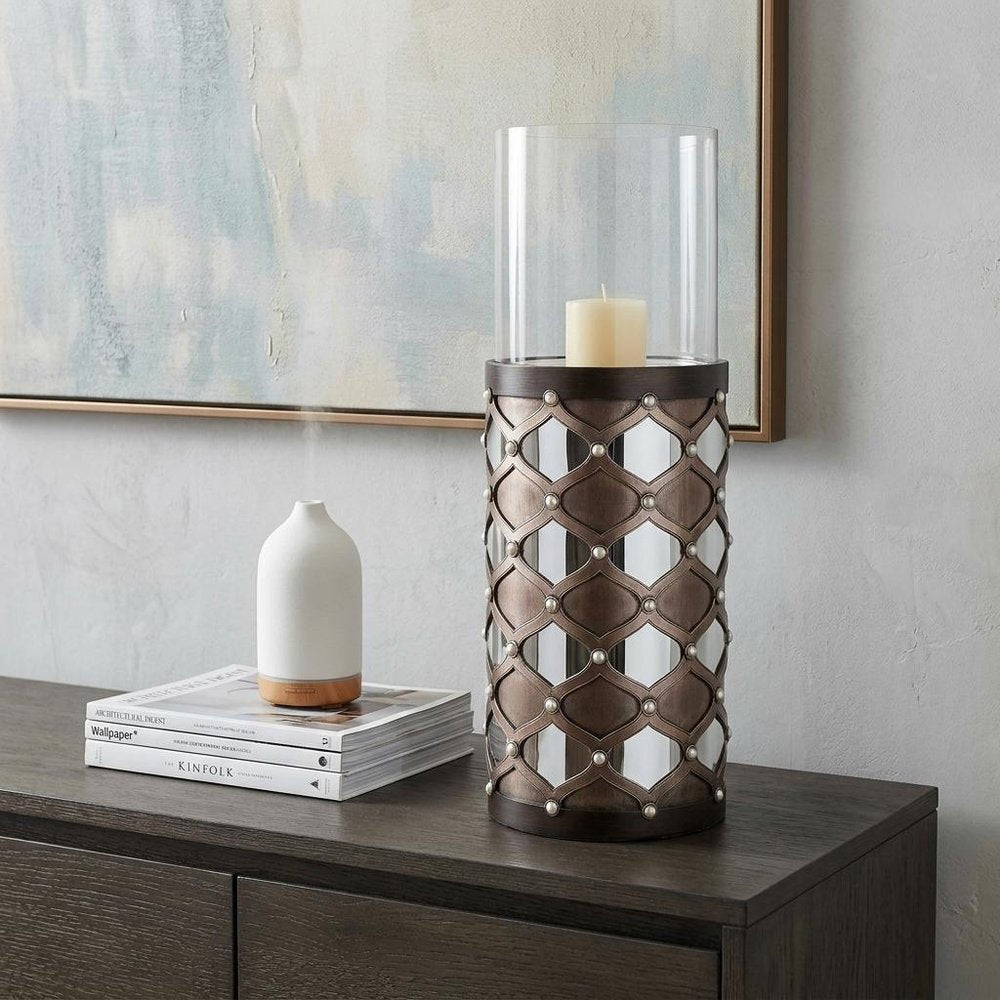 31" Bronze and Silver with Pearls Floor Hurricane Candle Holder HomeRoots