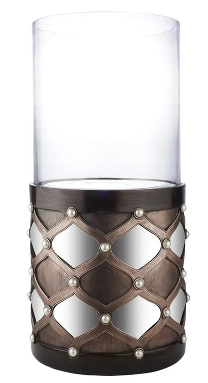 22" Bronze and Silver with Pearls Tabletop Hurricane Candle Holder HomeRoots