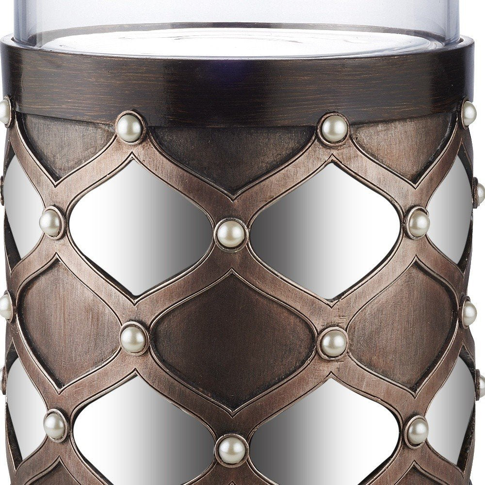 22" Bronze and Silver with Pearls Tabletop Hurricane Candle Holder HomeRoots