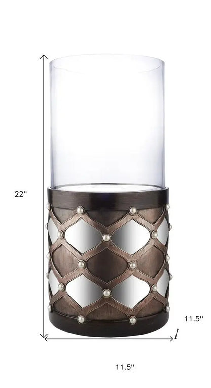 22" Bronze and Silver with Pearls Tabletop Hurricane Candle Holder HomeRoots