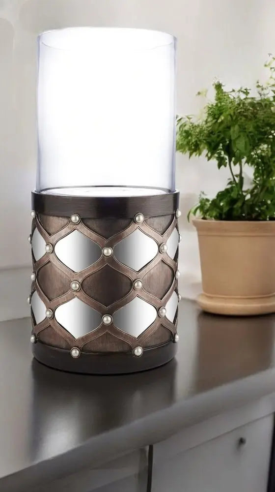 22" Bronze and Silver with Pearls Tabletop Hurricane Candle Holder HomeRoots